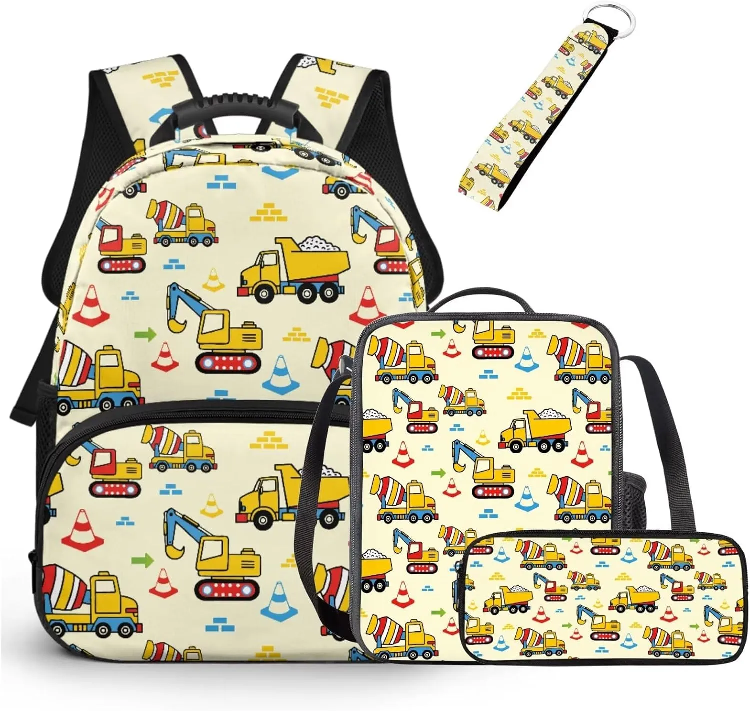 Technical Vehicle Backpack for Boys 15 Inch Polyester Bookbag Set for School 4 Pieces Boys School Bag with Lunch Bag for Preschool Primary Casual Daypack