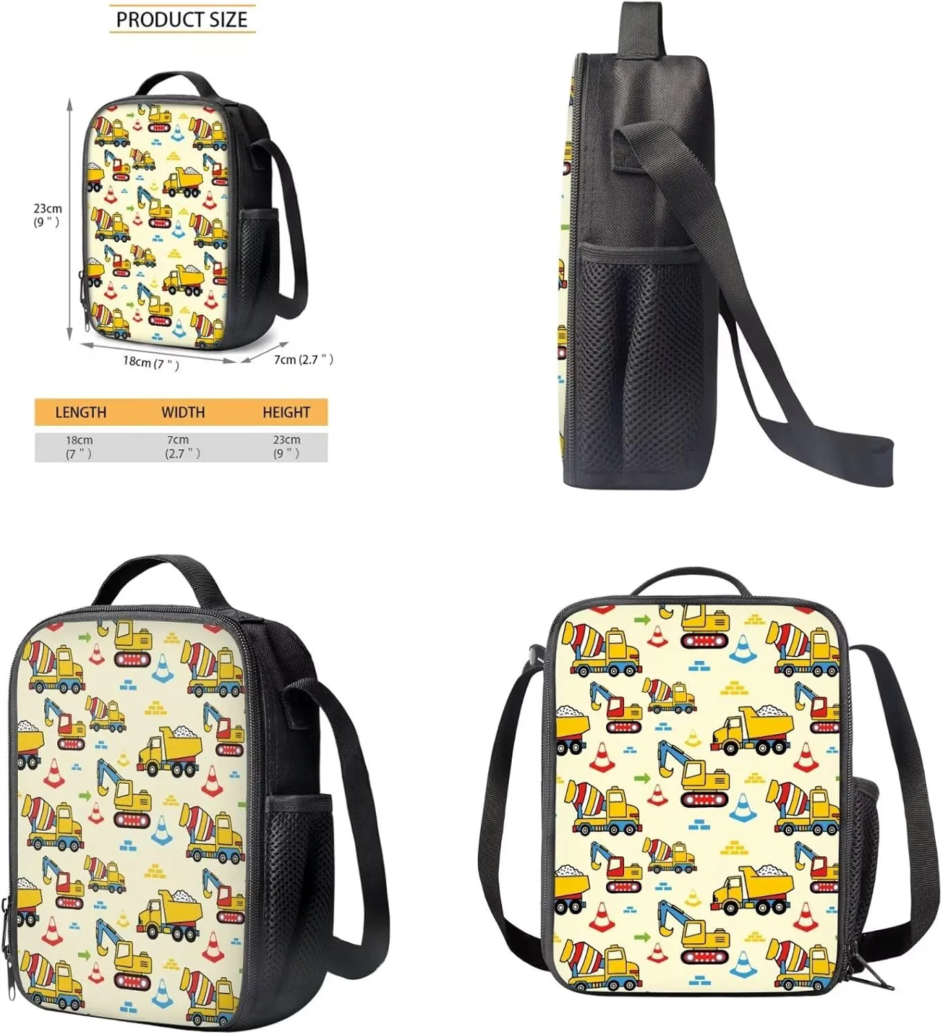Technical Vehicle Backpack for Boys 15 Inch Polyester Bookbag Set for School 4 Pieces Boys School Bag with Lunch Bag for Preschool Primary Casual Daypack