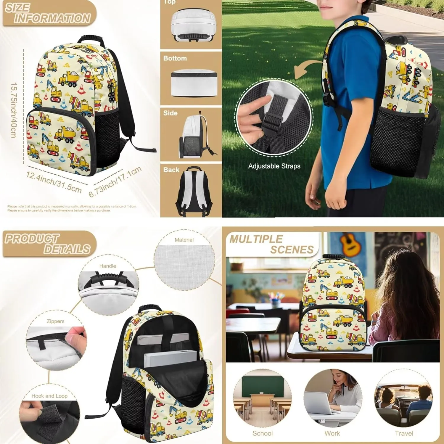 Technical Vehicle Backpack for Boys 15 Inch Polyester Bookbag Set for School 4 Pieces Boys School Bag with Lunch Bag for Preschool Primary Casual Daypack