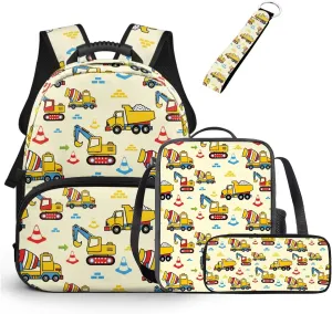 Technical Vehicle Backpack for Boys 15 Inch Polyester Bookbag Set for School 4 Pieces Boys School Bag with Lunch Bag for Preschool Primary Casual Daypack