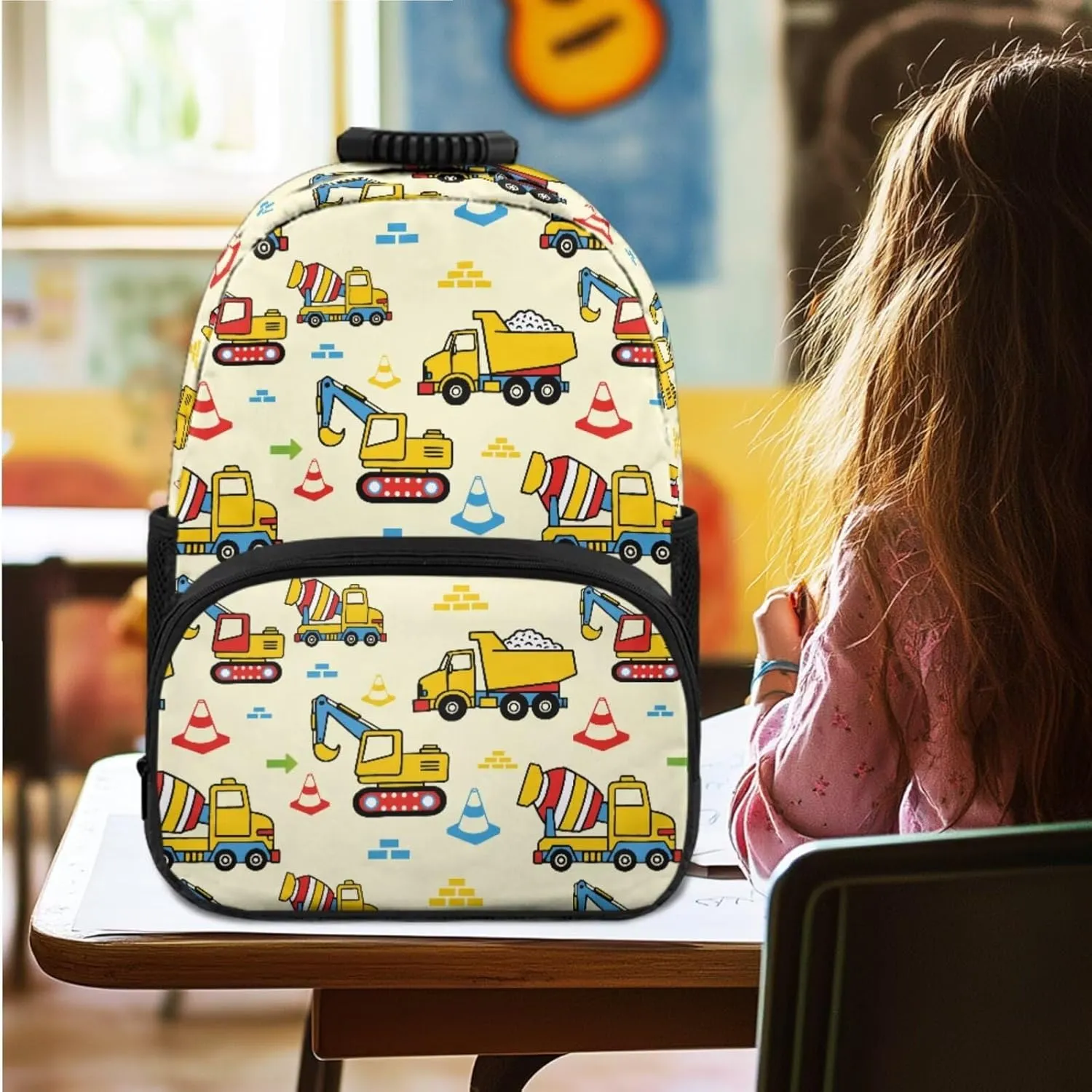 Technical Vehicle Backpack for Boys 15 Inch Polyester Bookbag Set for School 4 Pieces Boys School Bag with Lunch Bag for Preschool Primary Casual Daypack