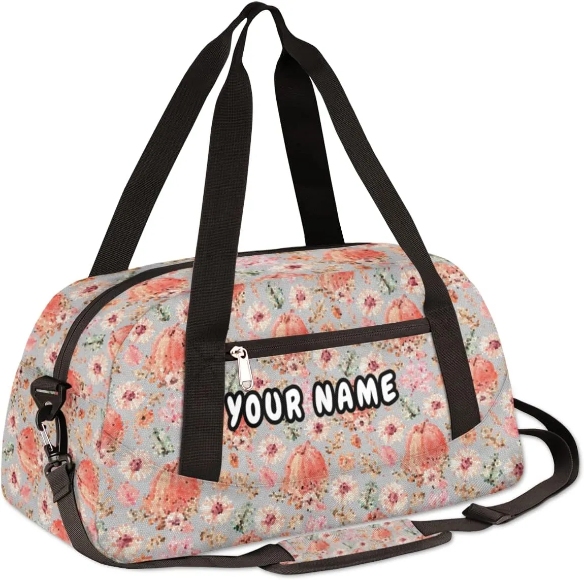 Thanksgiving Holiday Pumpkin Fall Leaves Personalized Kids Duffel Bag for Girls Boys, Pumpkin Customized Name Dance Bag Overnight Small Duffel Bag Carry On Weekend Sports Gym Travel Bag for School Practice Gymnastics Ballet