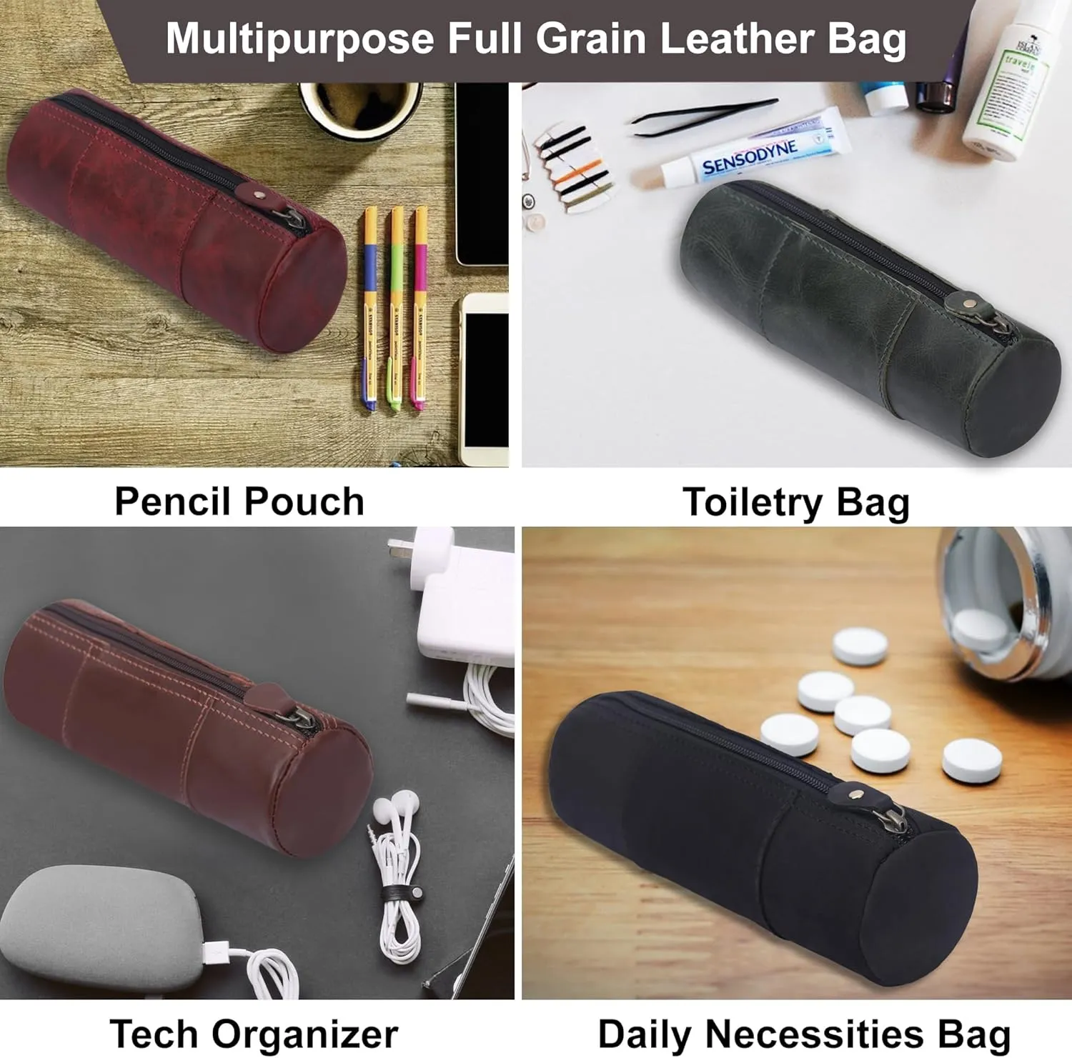 The Antiq Black Leather Pencil Pouch Small - Genuine Leather Pencil Case with Zipper, Pen Cases for Adults - Stylish & Slim Pencil Cases Pencil Holder Pouch, Leathers Pencil Case for Men & Women