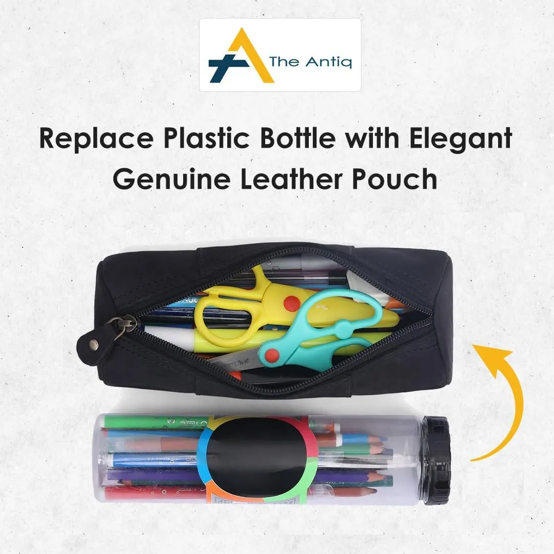 The Antiq Black Leather Pencil Pouch Small - Genuine Leather Pencil Case with Zipper, Pen Cases for Adults - Stylish & Slim Pencil Cases Pencil Holder Pouch, Leathers Pencil Case for Men & Women