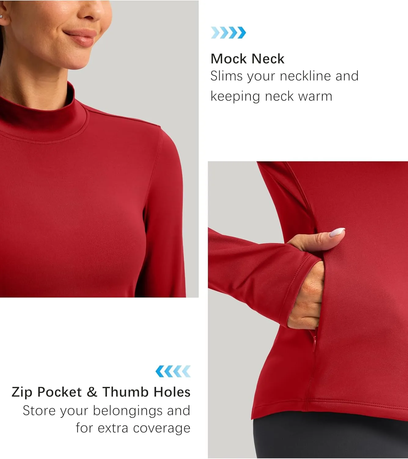 Thermal Shirts for Women Long Sleeve Mock Neck Fleece Tops Running Workout Cold Weather Gear with Zip Pocket
