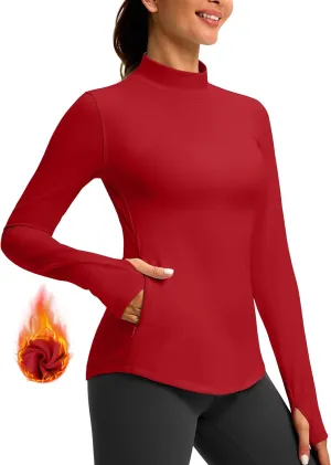 Thermal Shirts for Women Long Sleeve Mock Neck Fleece Tops Running Workout Cold Weather Gear with Zip Pocket