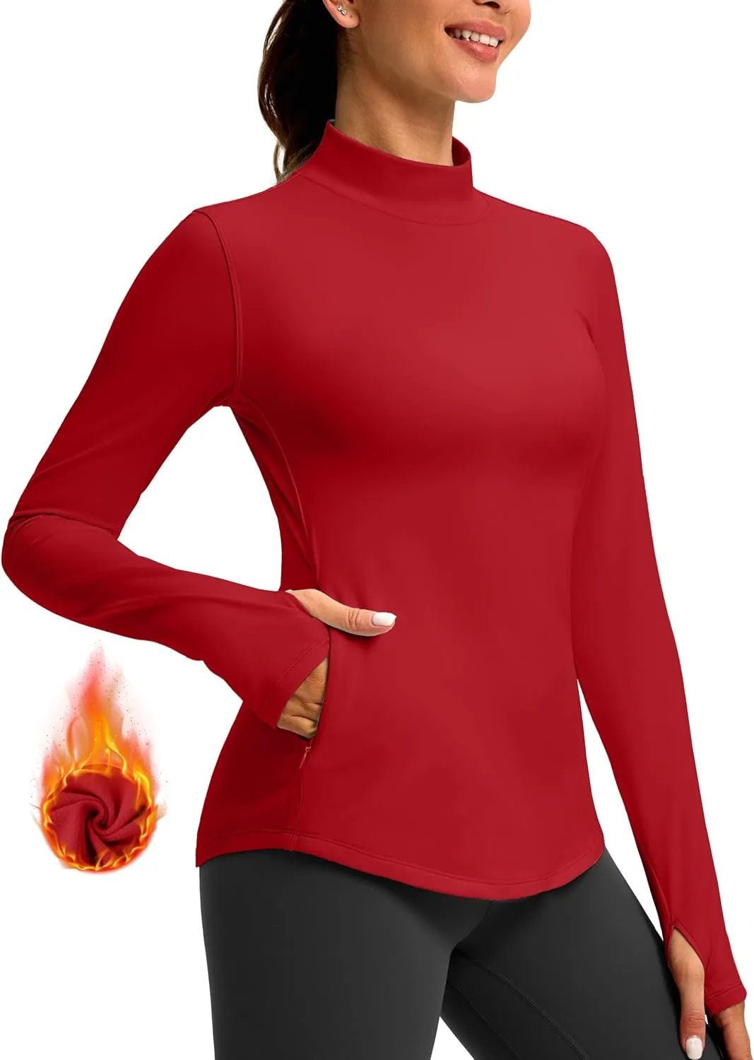 Thermal Shirts for Women Long Sleeve Mock Neck Fleece Tops Running Workout Cold Weather Gear with Zip Pocket