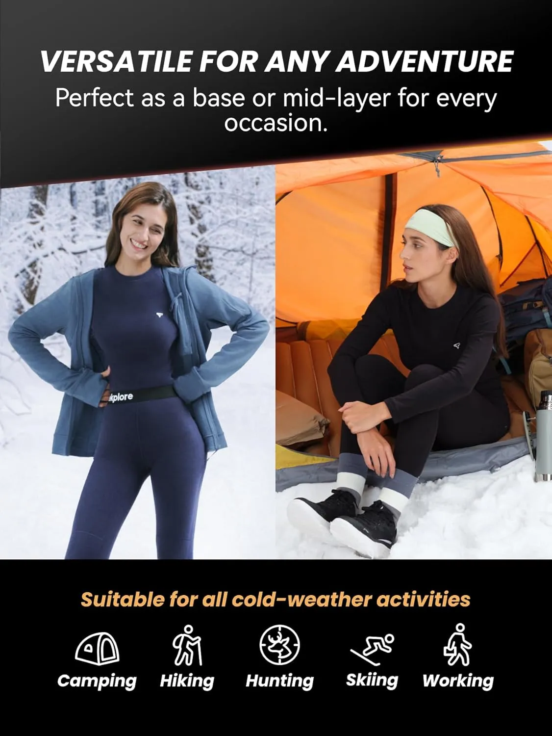 Thermal Underwear Womens - Base Layer Fleece Lined Top for Women, Long Sleeve Shirt Layering for Winter Cold Weather