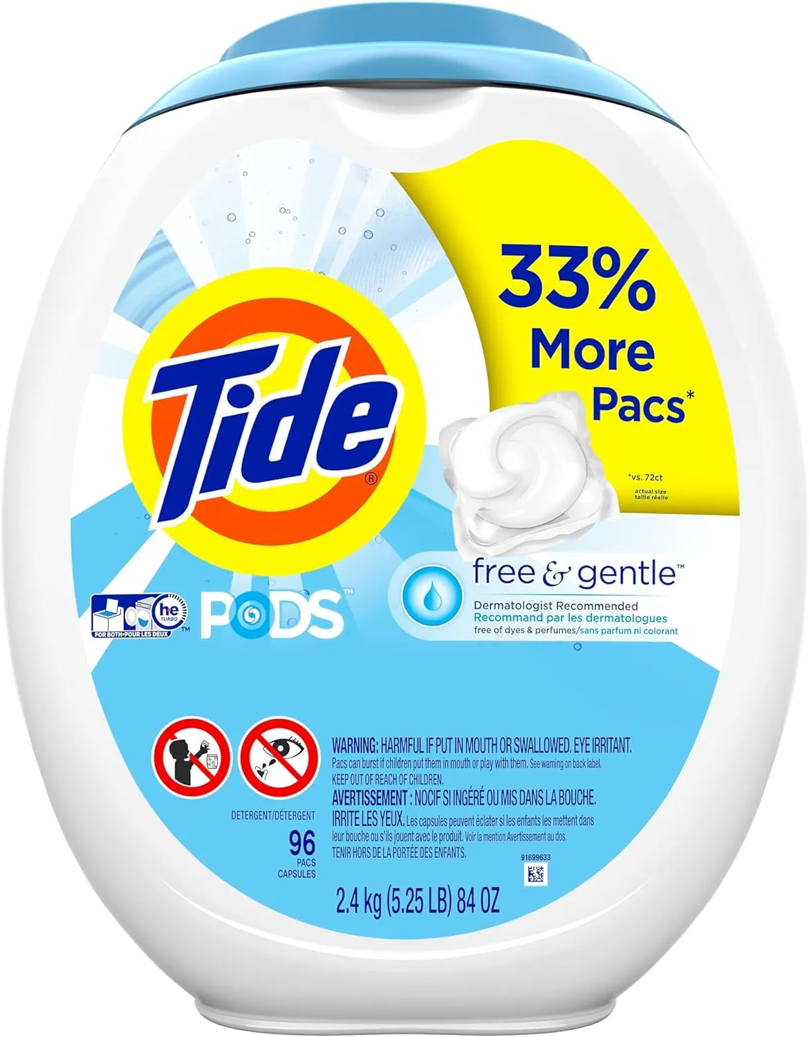 Tide PODS Free and Gentle, Laundry Detergent Soap PODS, HE, 96 Count - Unscented and Hypoallergenic for Sensitive Skin, Free and Clear of Dyes and Perfumes