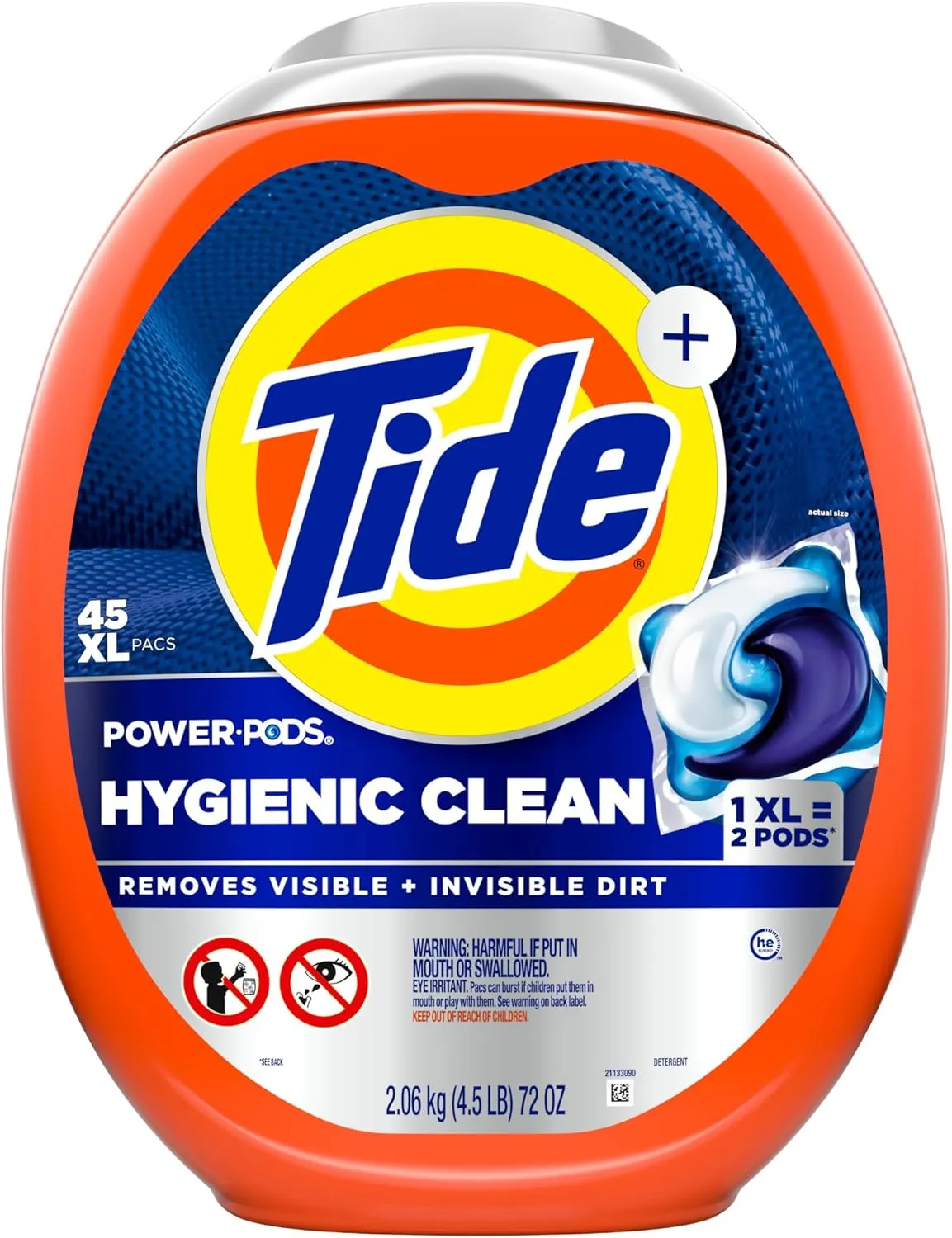 Tide Power PODs Hygienic Clean Heavy Duty Liquid Laundry Detergent Pacs, Free and Clear of Dyes and Perfumes, For Visible and Invisible Dirt, 45 Count, HE Compatible