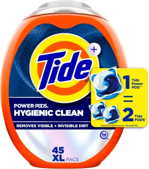 Tide Power PODs Hygienic Clean Heavy Duty Liquid Laundry Detergent Pacs, Free and Clear of Dyes and Perfumes, For Visible and Invisible Dirt, 45 Count, HE Compatible