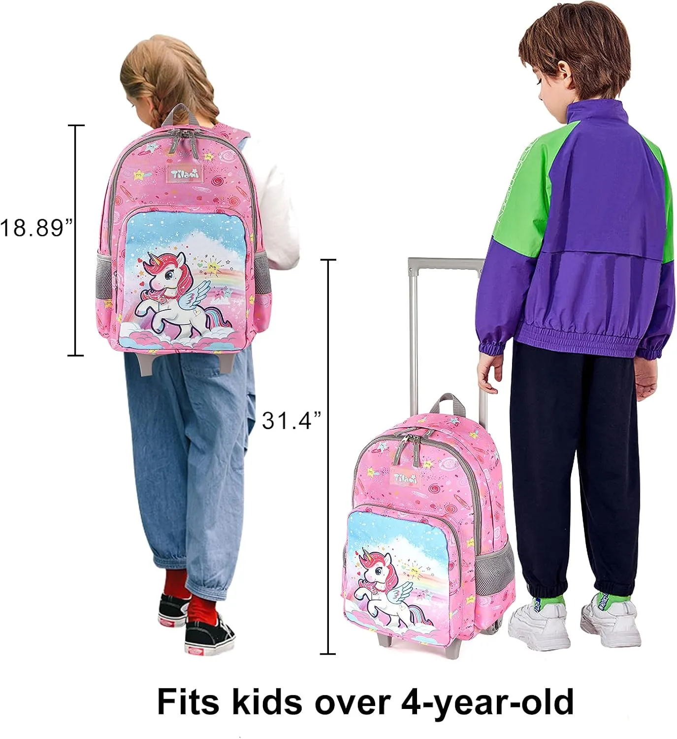 Tilami Rolling Backpack 18 inch Double Handle Wheeled Boys Girls Travel School Children Luggage Toddler Trip (Pink Horse