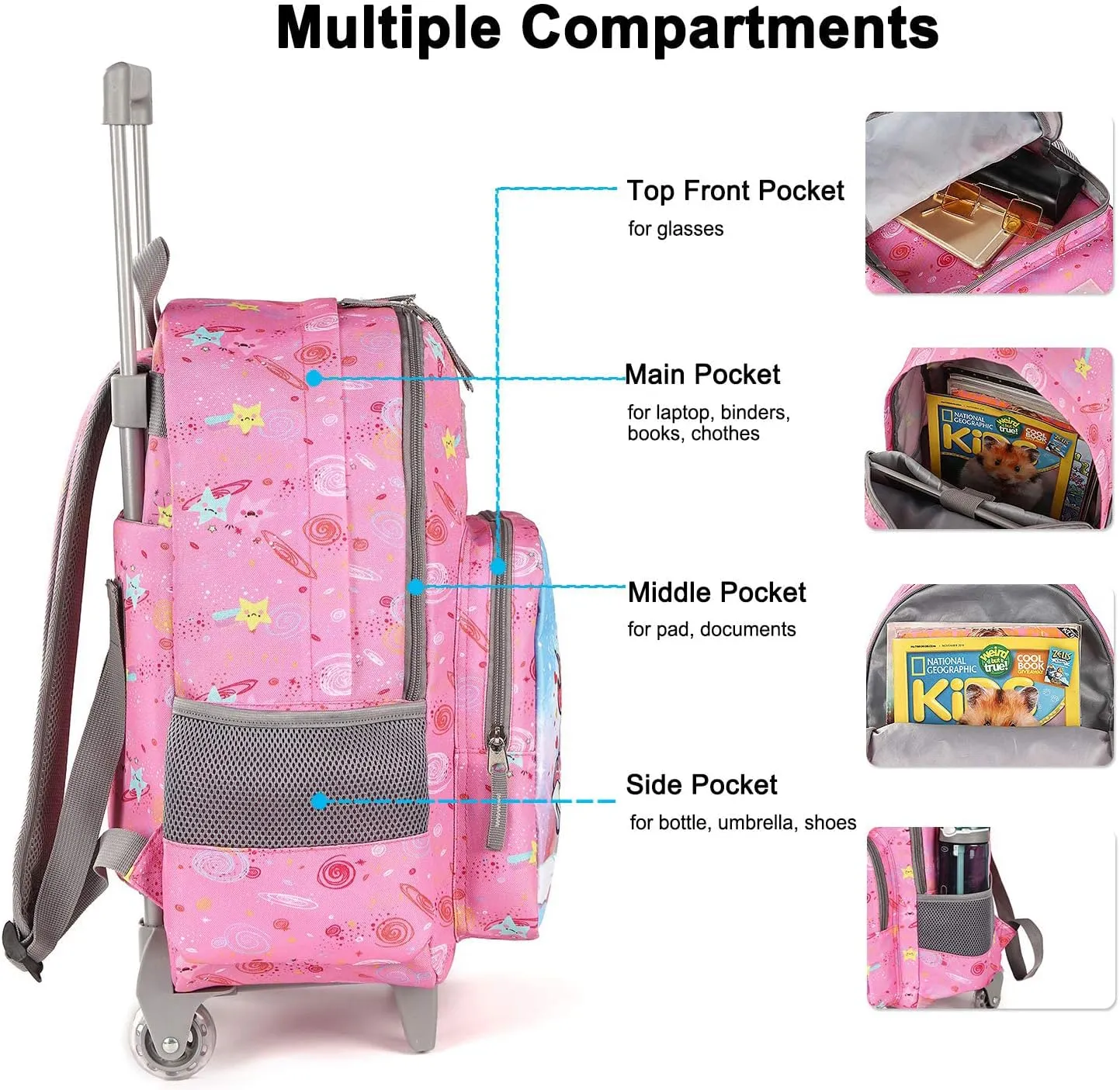 Tilami Rolling Backpack 18 inch Double Handle Wheeled Boys Girls Travel School Children Luggage Toddler Trip (Pink Horse