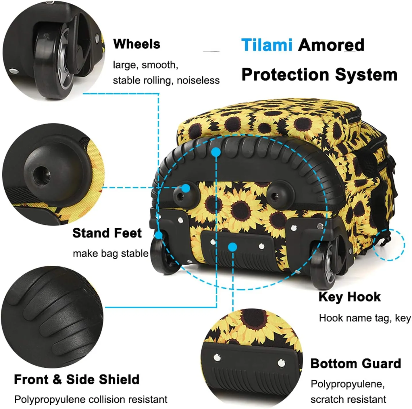 Tilami Rolling Backpack 18 inch Wheeled Backpack School College Student Travel Trip Boys and Girls