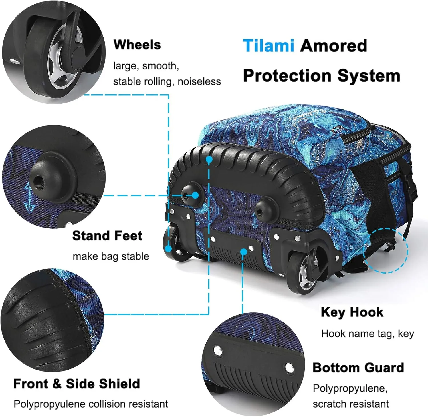 Tilami Rolling Backpack 18 inch Wheeled Backpack School College Student Travel Trip Boys and Girls