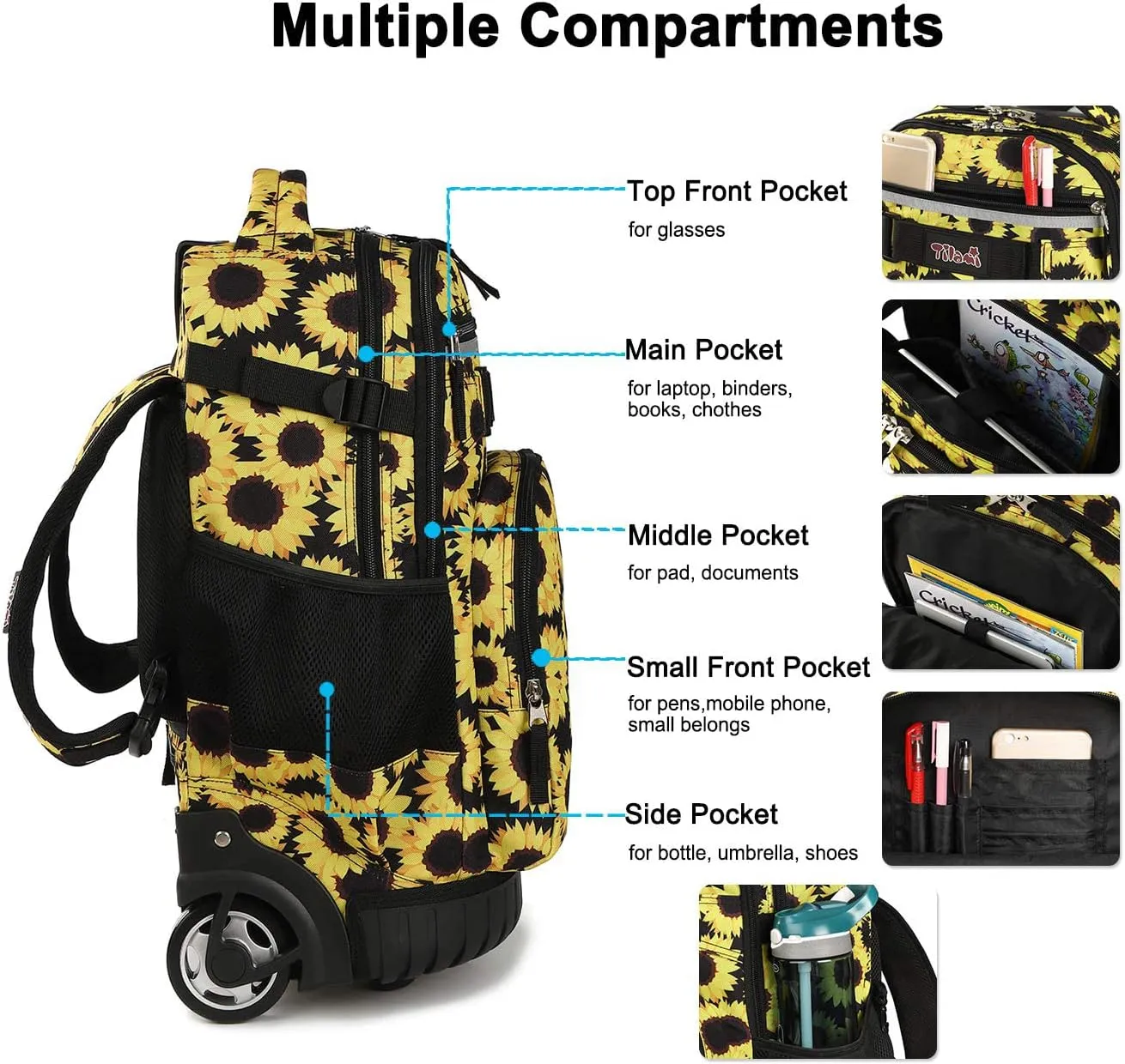Tilami Rolling Backpack 18 inch Wheeled Backpack School College Student Travel Trip Boys and Girls