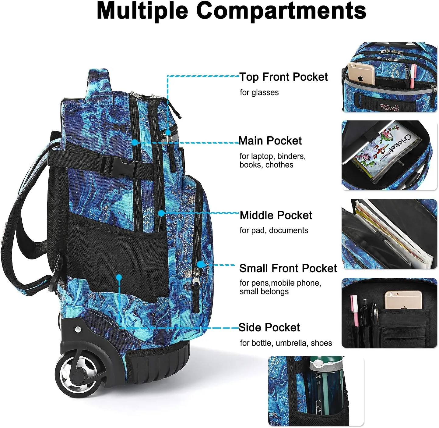 Tilami Rolling Backpack 18 inch Wheeled Backpack School College Student Travel Trip Boys and Girls