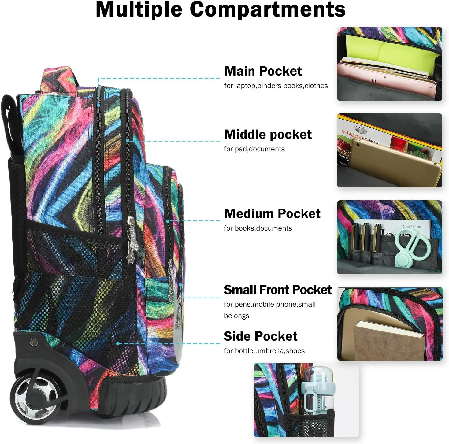 Tilami Rolling Backpack 19 inch Wheeled LAPTOP Boys Girls Travel School Student Trip, colours