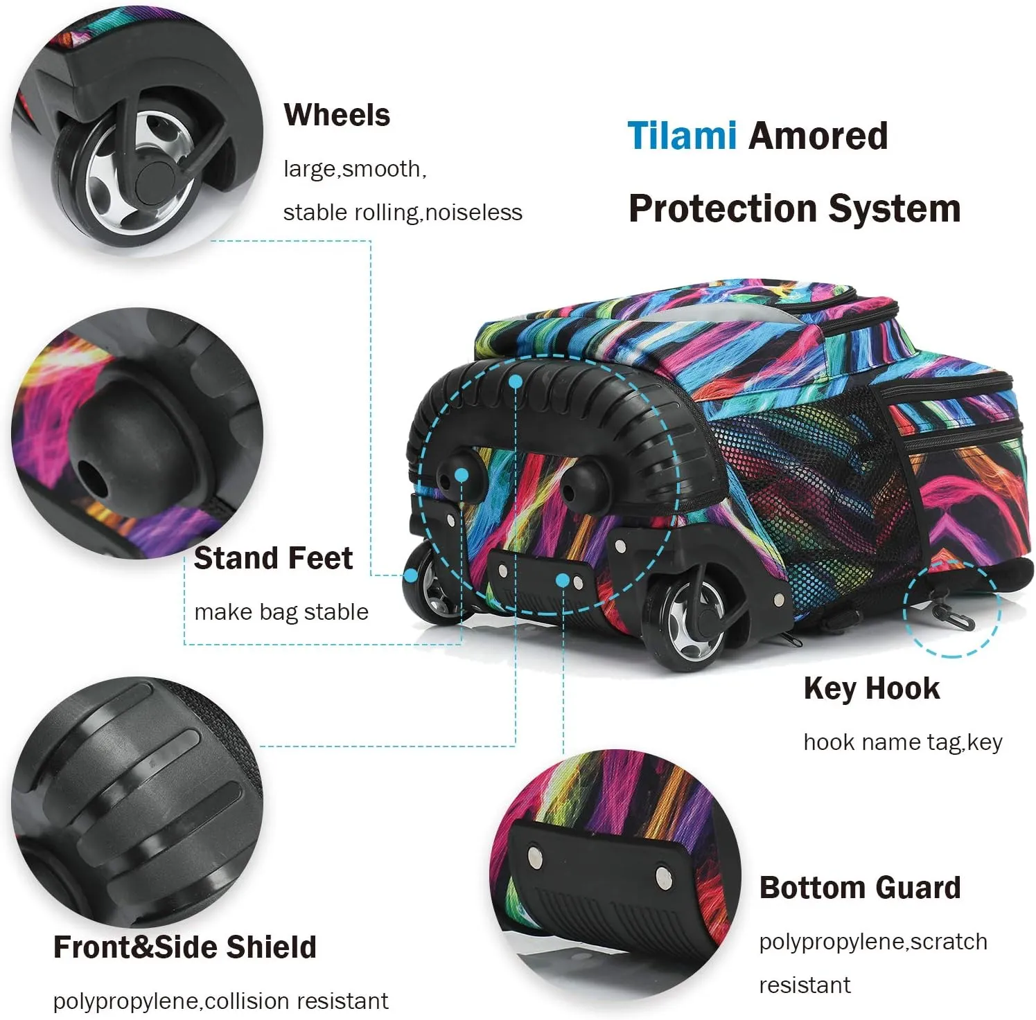 Tilami Rolling Backpack 19 inch Wheeled LAPTOP Boys Girls Travel School Student Trip, colours