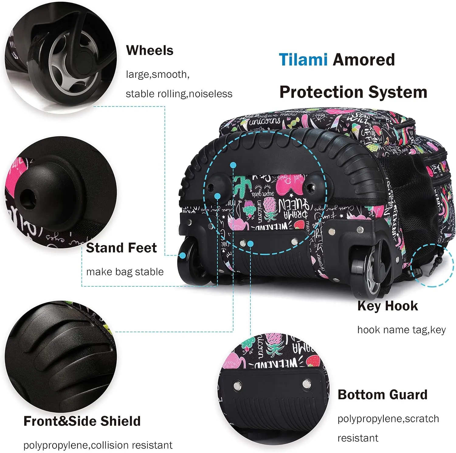 Tilami Rolling Backpack 19 inch with Lunch Bag Wheeled Laptop Backpack, Ins