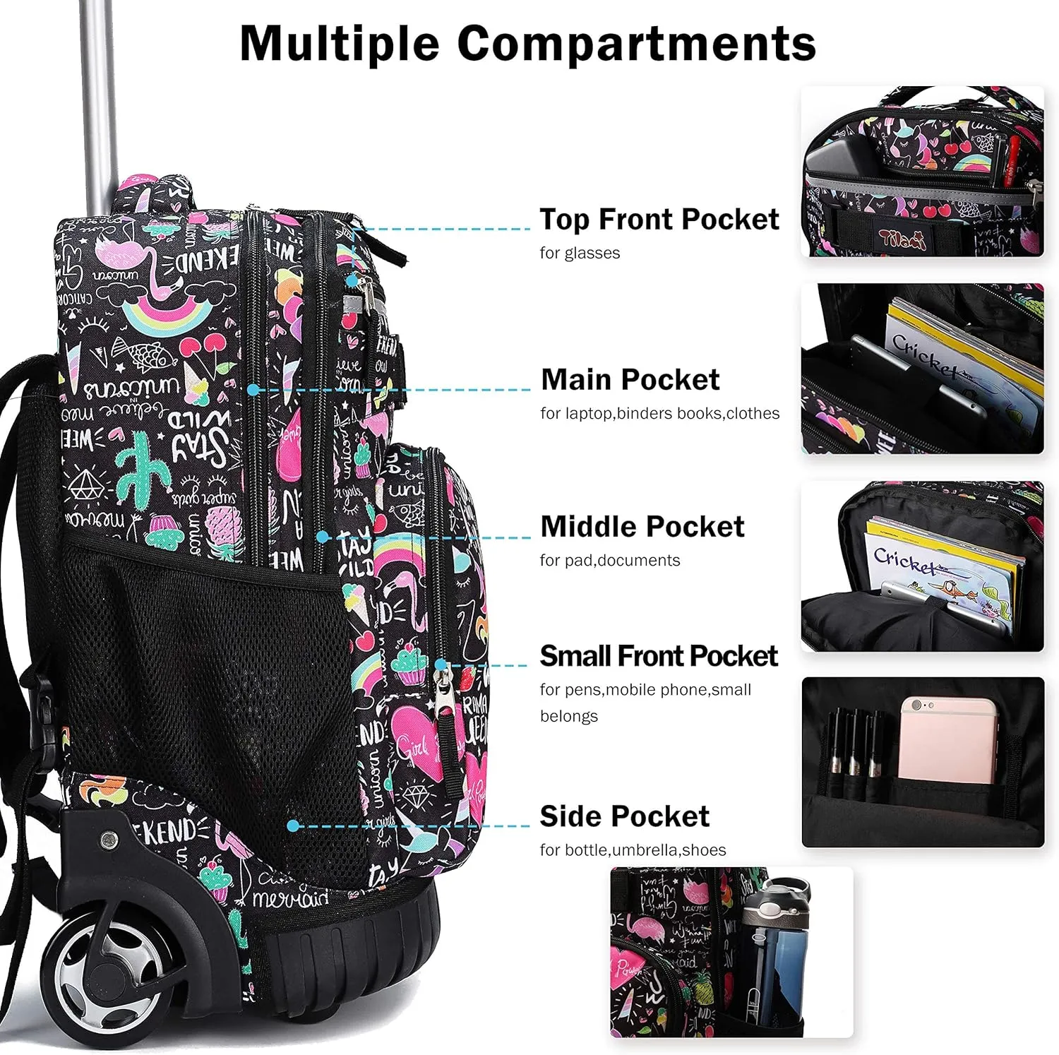 Tilami Rolling Backpack 19 inch with Lunch Bag Wheeled Laptop Backpack, Ins