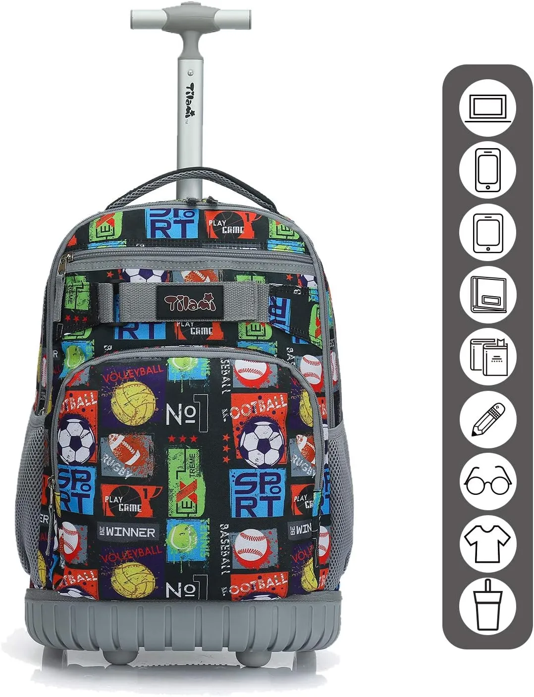 Tilami Rolling Backpack 19 inch with Lunch Bag Wheeled Laptop Backpack, Sport Balls