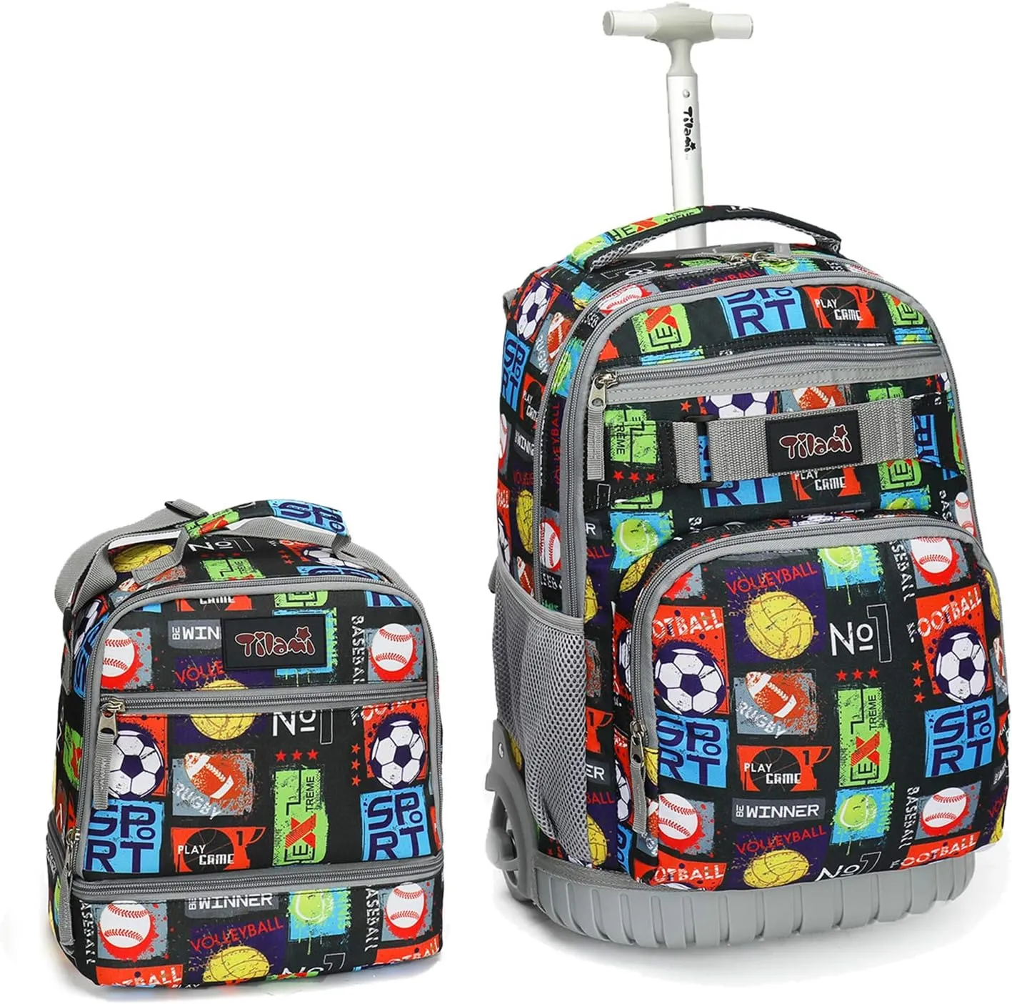 Tilami Rolling Backpack 19 inch with Lunch Bag Wheeled Laptop Backpack, Sport Balls