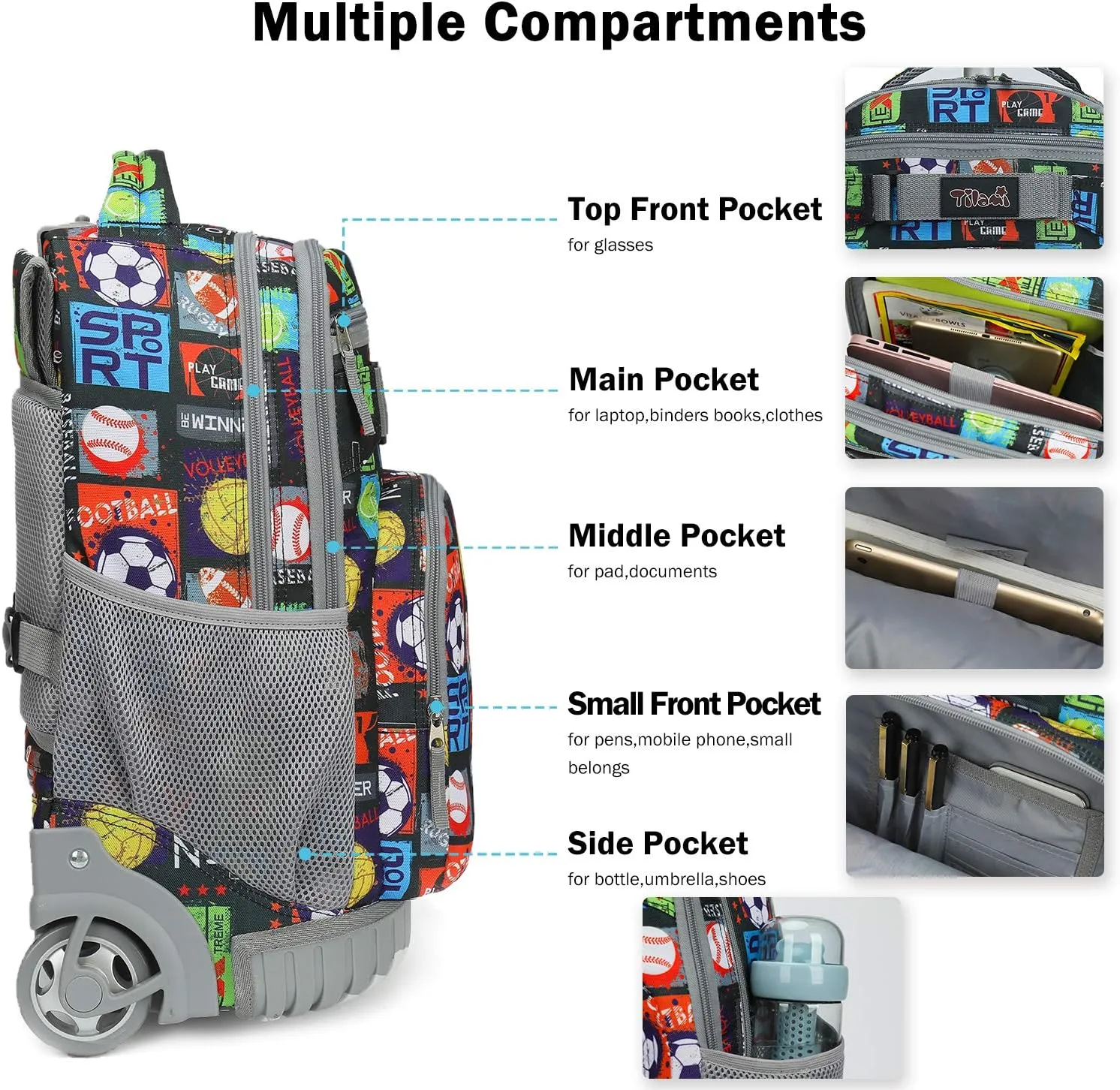 Tilami Rolling Backpack 19 inch with Lunch Bag Wheeled Laptop Backpack, Sport Balls