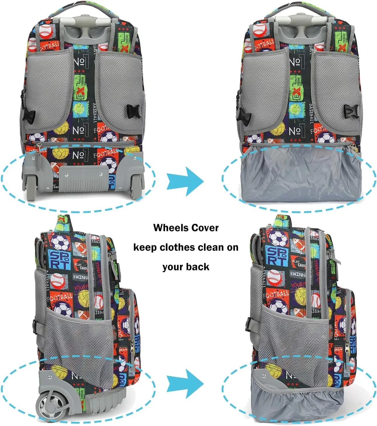 Tilami Rolling Backpack 19 inch with Lunch Bag Wheeled Laptop Backpack, Sport Balls