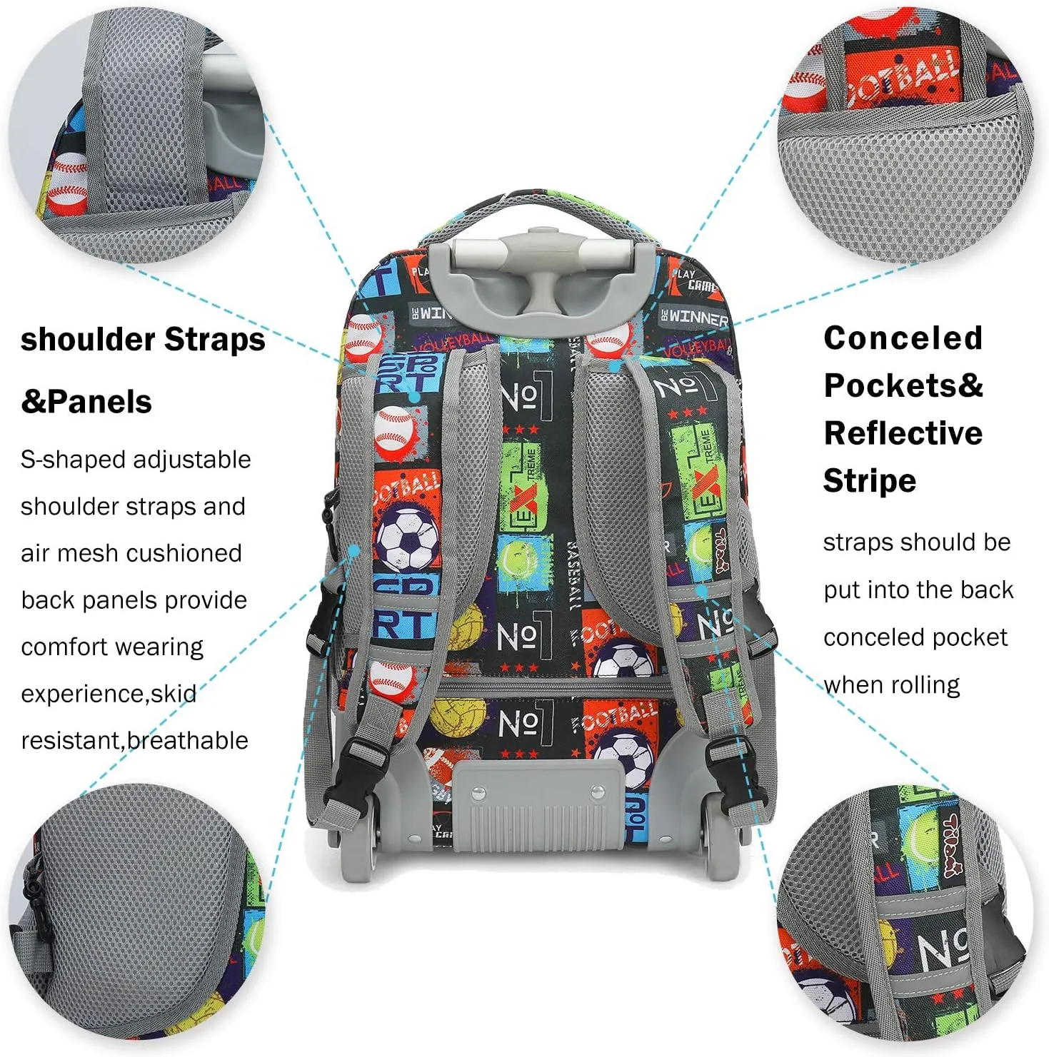 Tilami Rolling Backpack 19 inch with Lunch Bag Wheeled Laptop Backpack, Sport Balls