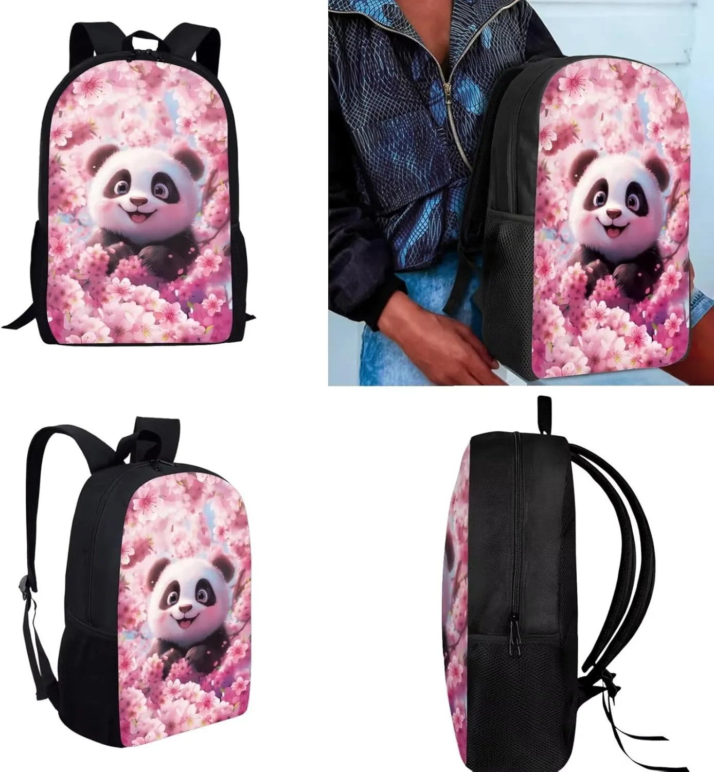 TODIYADDU Pink Panda Backpack for Girls Kids Bookbag with Lunch Box Water Bottle Pouch, and Pencil Holder for Boys 4 PCS Lightweight Junior High School Bag for 5th Grade Kids