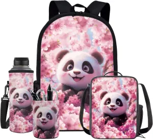 TODIYADDU Pink Panda Backpack for Girls Kids Bookbag with Lunch Box Water Bottle Pouch, and Pencil Holder for Boys 4 PCS Lightweight Junior High School Bag for 5th Grade Kids