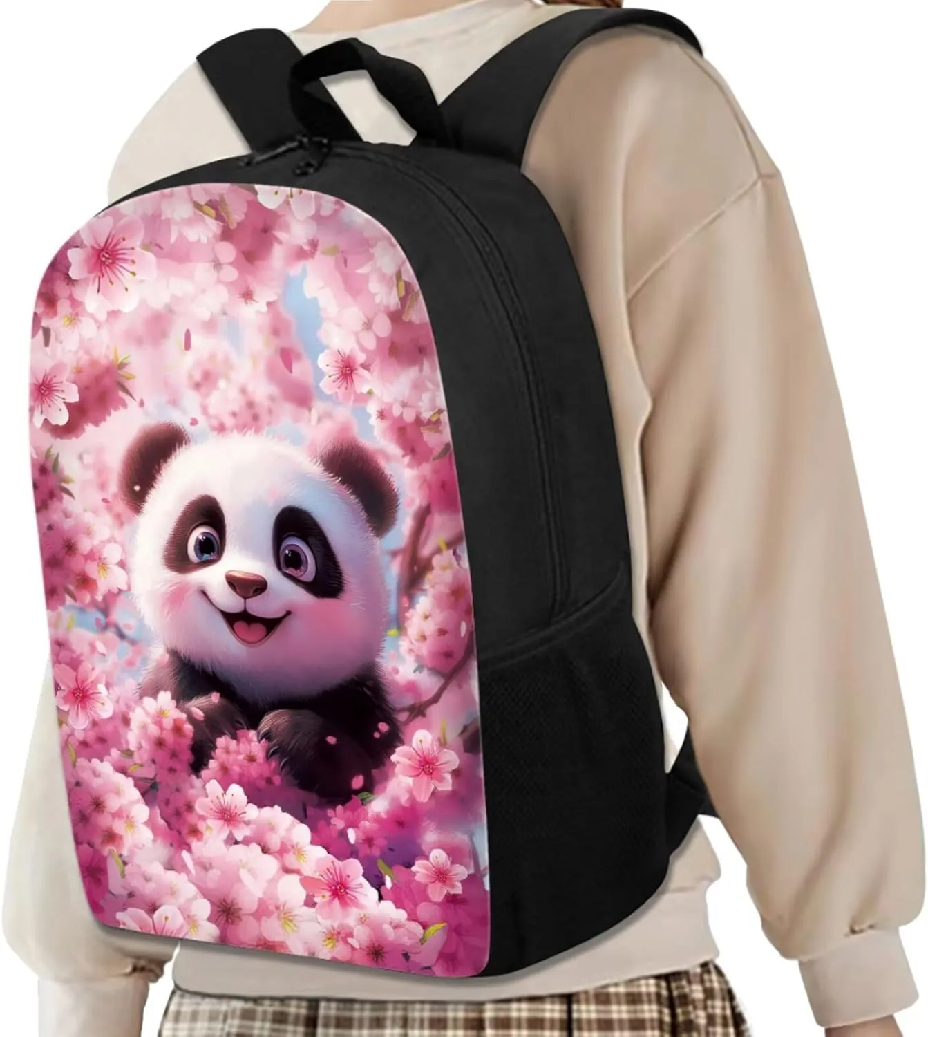 TODIYADDU Pink Panda Backpack for Girls Kids Bookbag with Lunch Box Water Bottle Pouch, and Pencil Holder for Boys 4 PCS Lightweight Junior High School Bag for 5th Grade Kids
