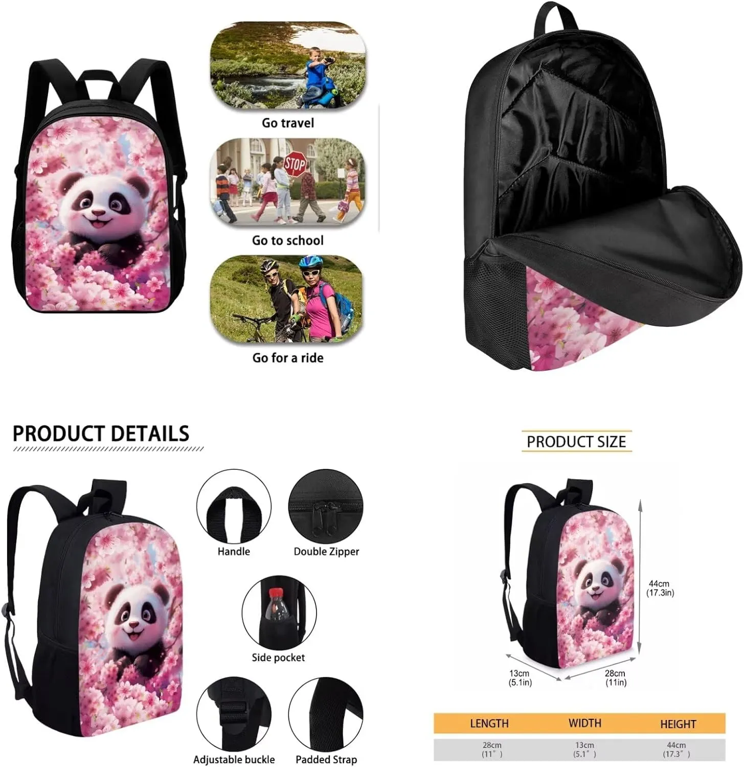 TODIYADDU Pink Panda Backpack for Girls Kids Bookbag with Lunch Box Water Bottle Pouch, and Pencil Holder for Boys 4 PCS Lightweight Junior High School Bag for 5th Grade Kids