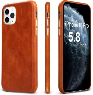 TOOVREN iPhone 11 Pro Case, Real Cowhide Leather 11 Pro Cases Protective Ultra Thin Anti-Slip Vintage Designed Shell Hard Back Cover Support Wireless Charging for Apple iPhone 11 Pro 5.8''(2019) Brown