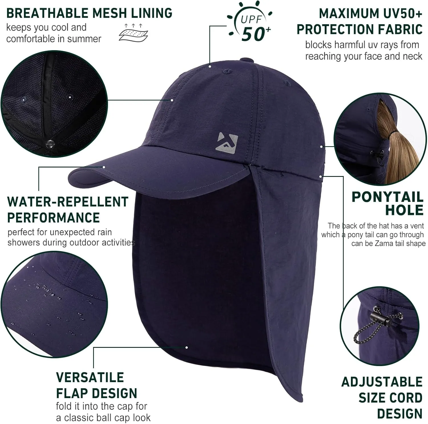 TOP-EX L/XL Sun Hats for Women Ponytail Baseball Cap with Neck Flap UPF50 Summer Hiking Gardening Hat Waterproof