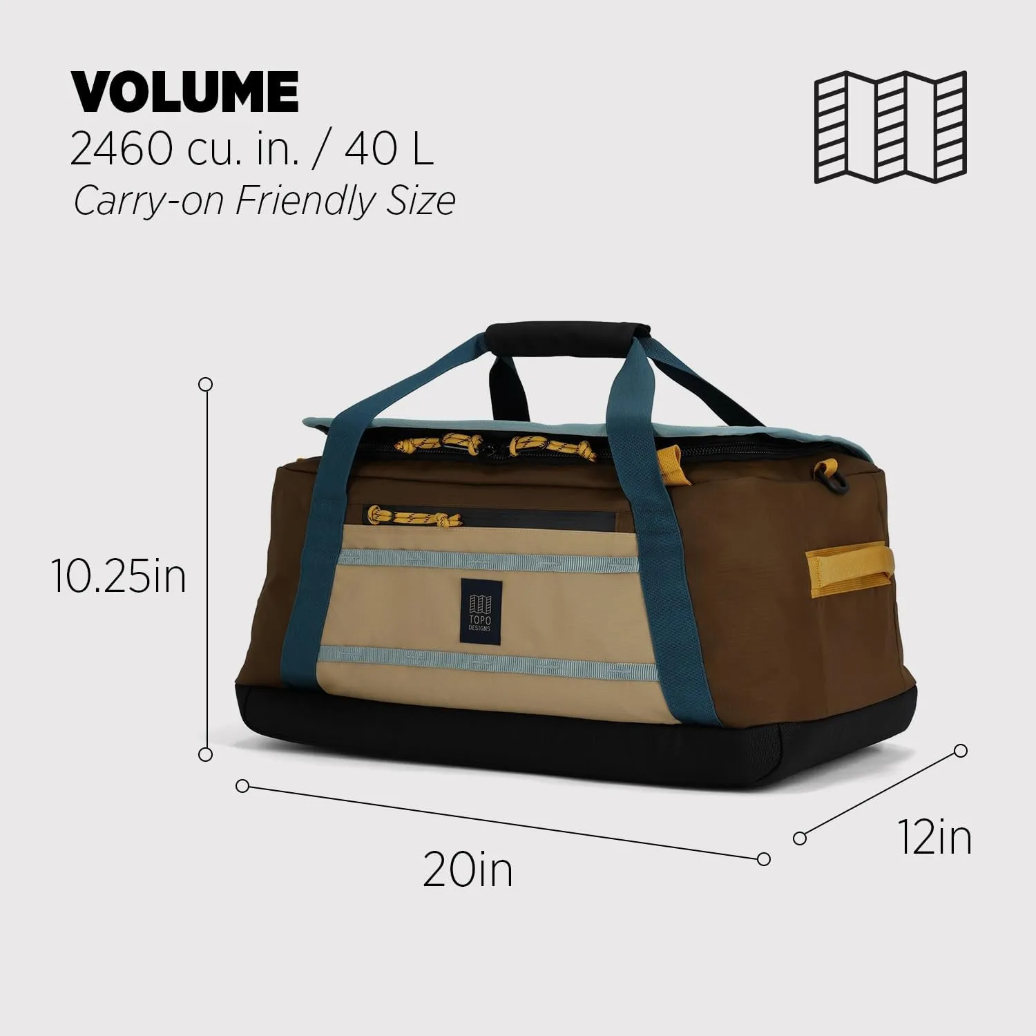 Topo Designs Mountain Duffel 40L, Recycled Nylon Ripstop Travel Bag, Removable Backpack Straps, Interior Mesh Pockets, Bluesign Approved (Desert Palm/Sahara)