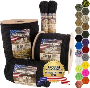 TOUGH-GRID Premium Paracord 750 lbs Made in USA Outdoor Survival Nylon Rope Tactical Heavy Duty Strands Parachute Cord Used by US Military Type IV Mil-Spec