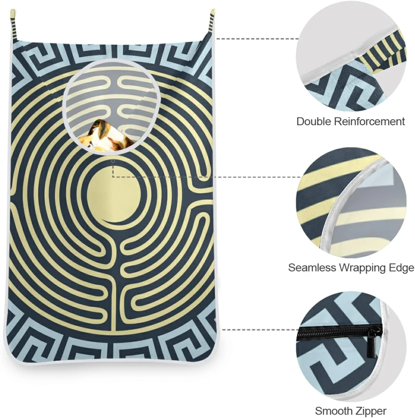 Traditional Golden and Blue Greek Ornament Labyrinth Floral Pattern Hanging Laundry Hamper Bag, Dirty Clothes Bag over the Door, Wall Cloth Basket with Hooks Storage Closet for Bathroom Bedroom