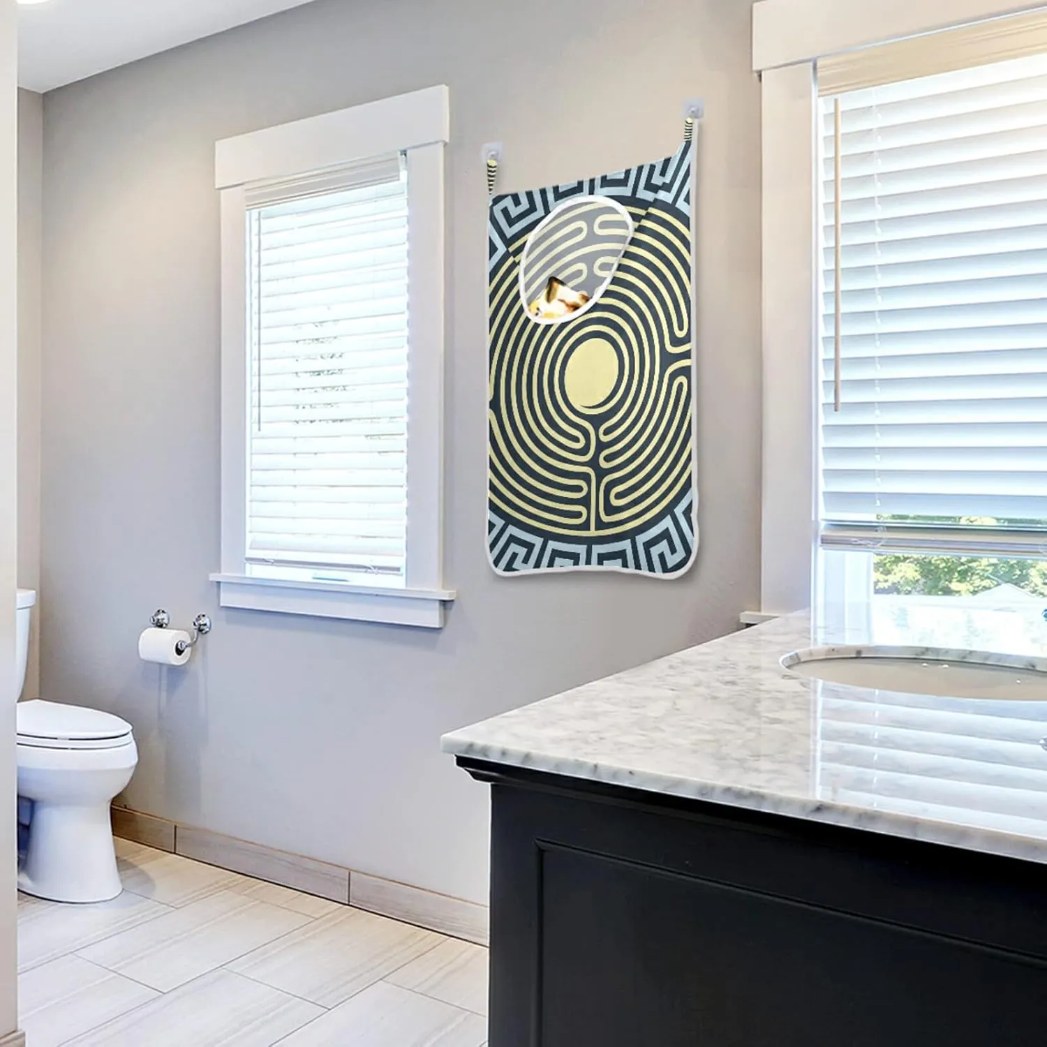 Traditional Golden and Blue Greek Ornament Labyrinth Floral Pattern Hanging Laundry Hamper Bag, Dirty Clothes Bag over the Door, Wall Cloth Basket with Hooks Storage Closet for Bathroom Bedroom