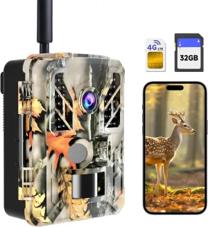 Trail Camera, 4G LTE Cellular Trail Cameras - No WiFi Needed, 4K 60MP HD Game Camera with Night Vision 0.1s Trigger Motion Activation and Real-Time Notification, IP67 Waterproof & 32G SD Card