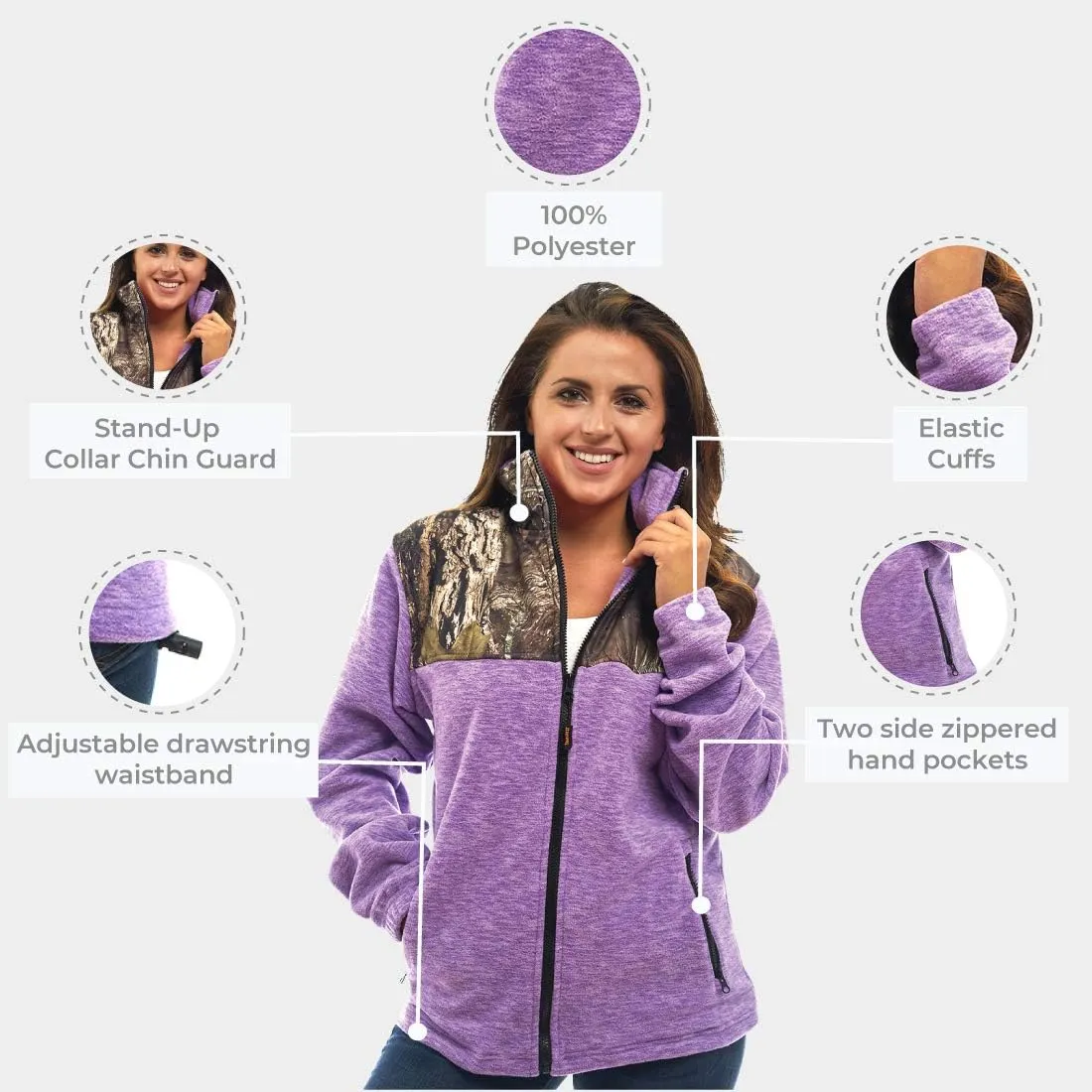 TrailCrest Women's C-Max Full Zip Polar Fleece Jacket Mossy Oak Camo Patterns