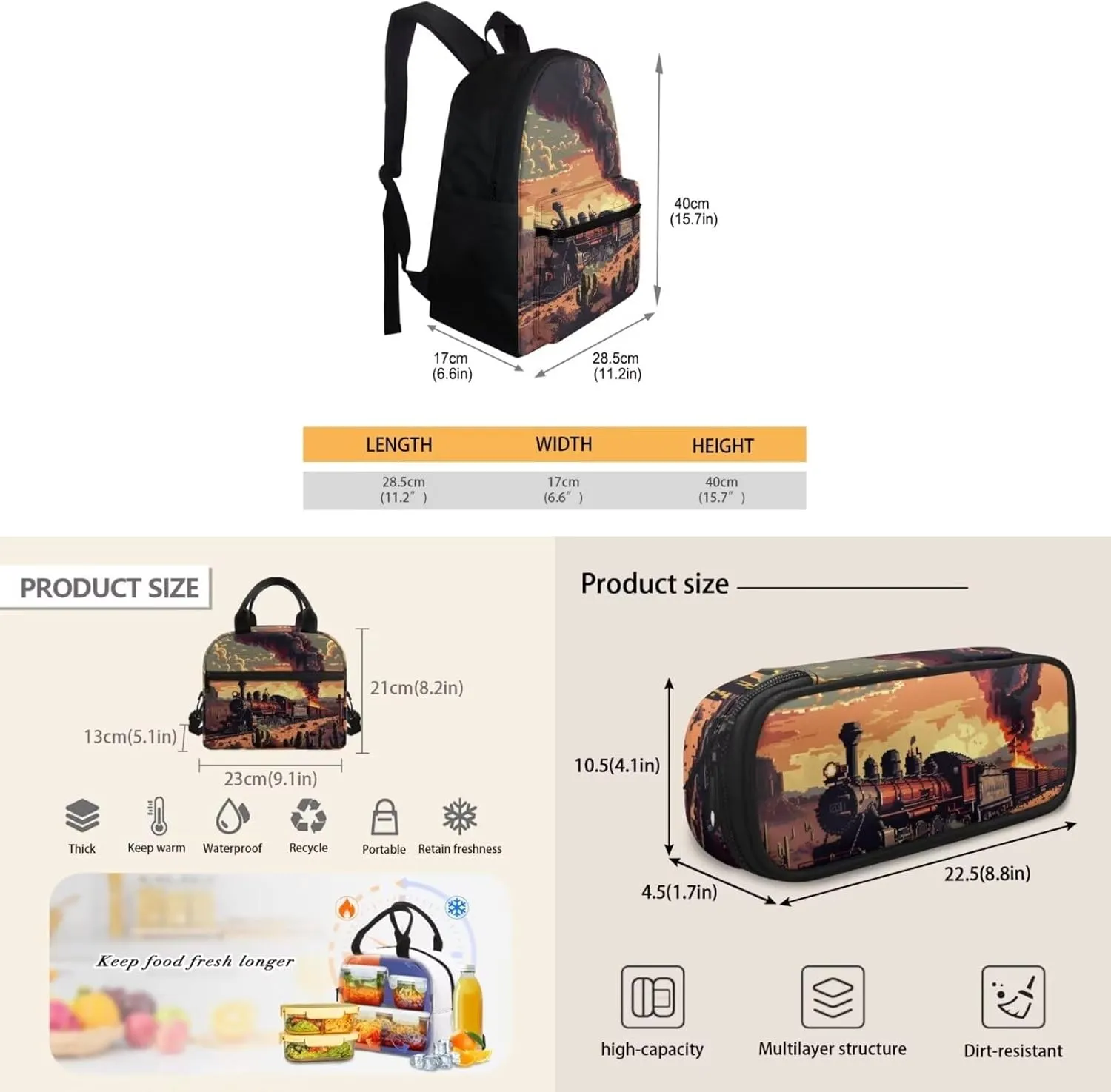 Train Backpack with Lunch Bag for Boys Teens 6th to 8th Grade Leakproof Backpack Lunch Bag for Boy Fashion Shoulder Bag Pencil Case for Secondary Schools