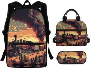 Train Backpack with Lunch Bag for Boys Teens 6th to 8th Grade Leakproof Backpack Lunch Bag for Boy Fashion Shoulder Bag Pencil Case for Secondary Schools