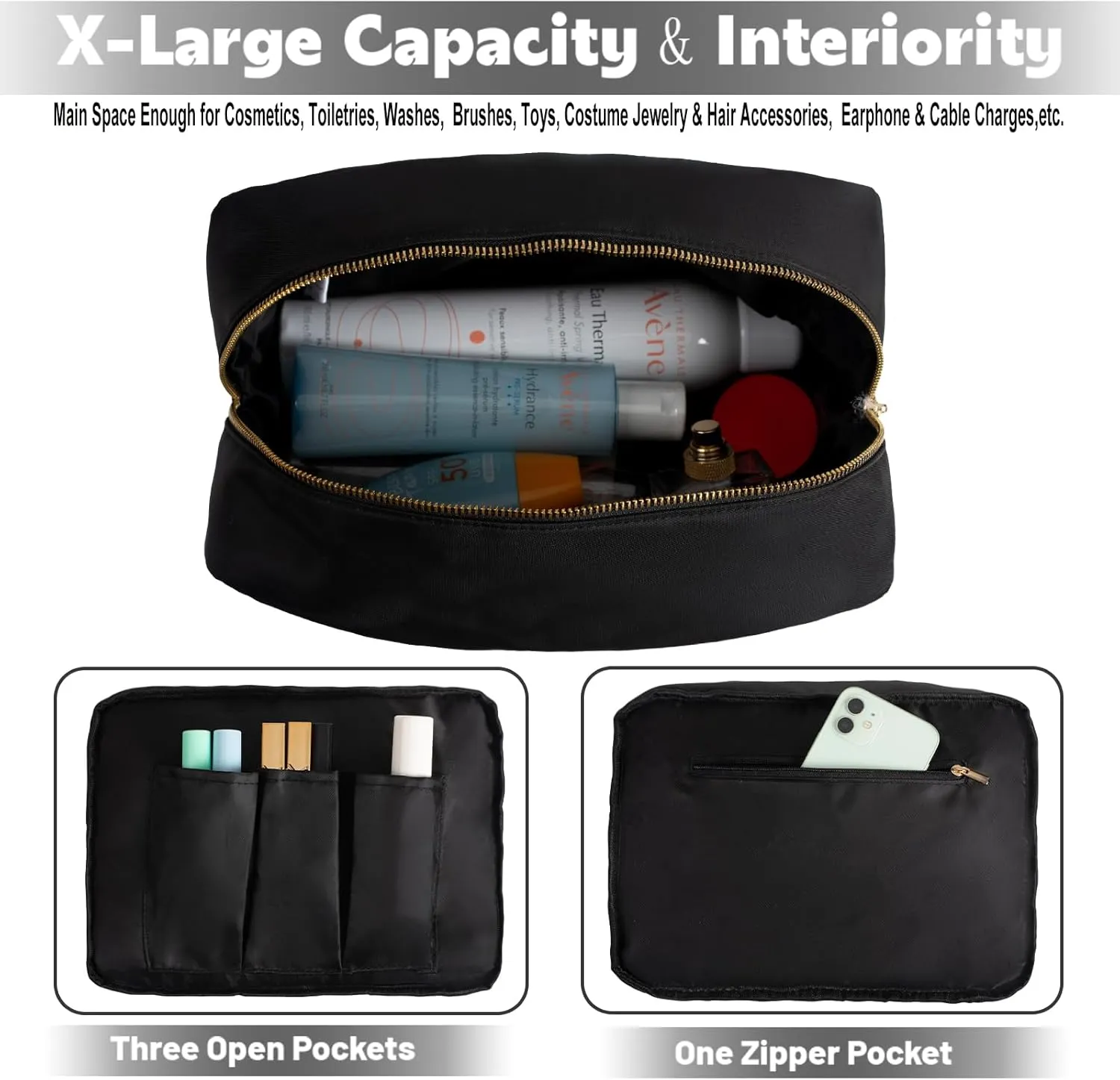 Travel Essentials Extral Large Makeup Bag Travel Cosmetic Pouch Toiletry Bag for Women Men Nylon Bathroom Bag with Zipper Pocket (Black,XL)
