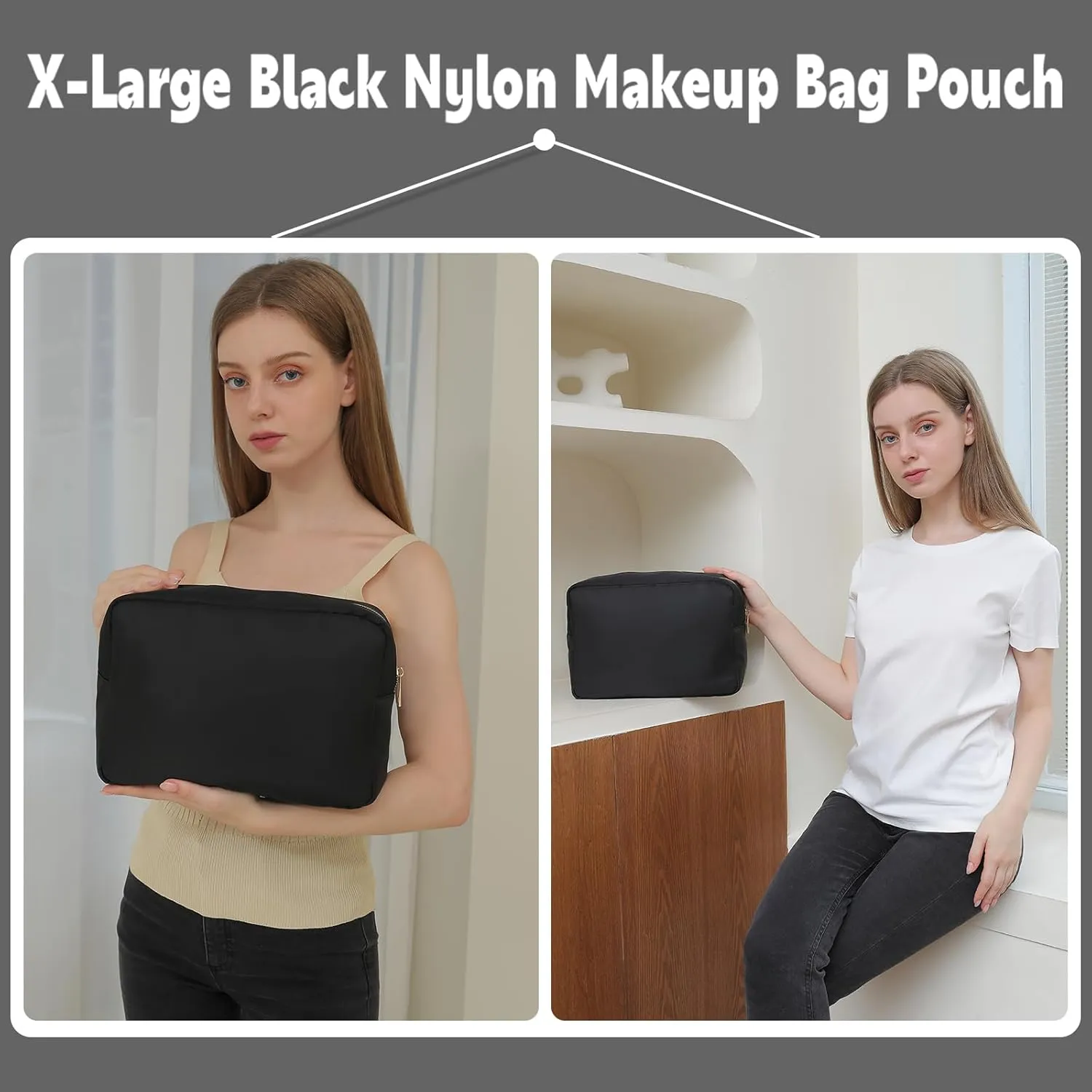 Travel Essentials Extral Large Makeup Bag Travel Cosmetic Pouch Toiletry Bag for Women Men Nylon Bathroom Bag with Zipper Pocket (Black,XL)