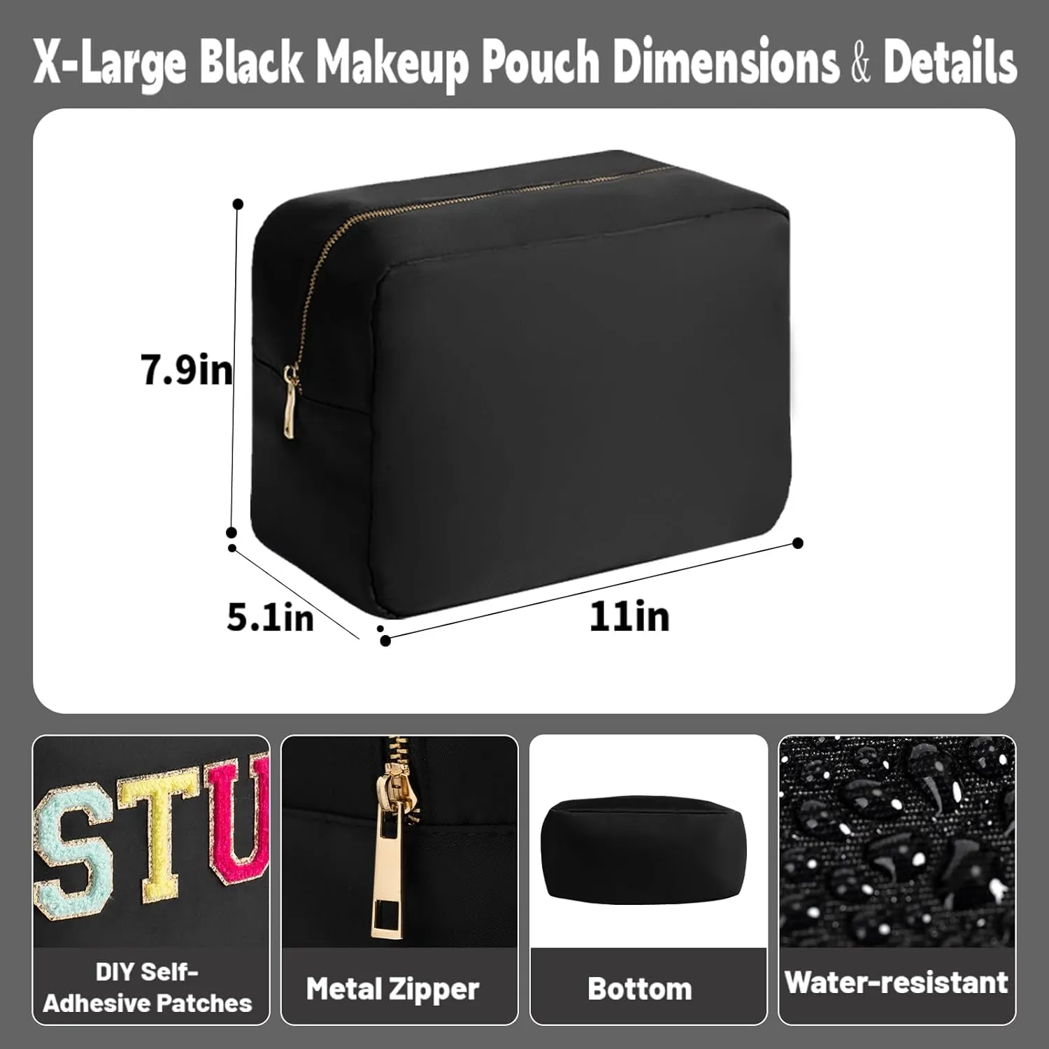 Travel Essentials Extral Large Makeup Bag Travel Cosmetic Pouch Toiletry Bag for Women Men Nylon Bathroom Bag with Zipper Pocket (Black,XL)