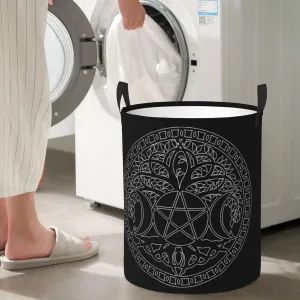 Triple Moon Celtic Tree Of Life Pentagram Earth Alchemist Waterproof Collapsible Laundry Hamper, Round Clothes Basket With Easy Carry Handles, Bathroom Size Small