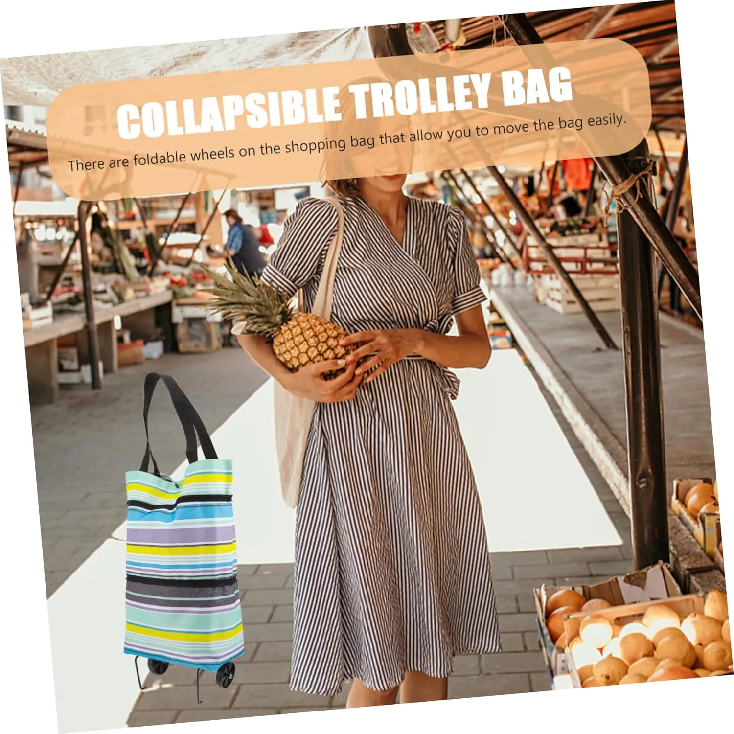 Trolley Bag Shopping Cart with Wheels Foldable Grocery Cart Bag Reusable Portable Utility Dolly Cart Hand Straps Easy Storage Bag