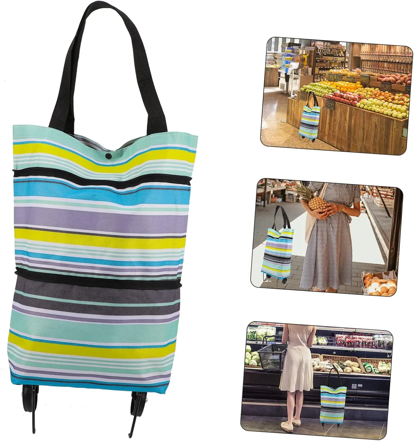 Trolley Bag Shopping Cart with Wheels Foldable Grocery Cart Bag Reusable Portable Utility Dolly Cart Hand Straps Easy Storage Bag